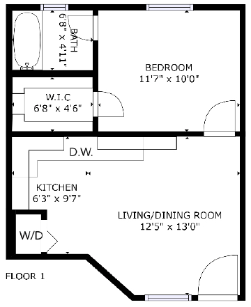 1 bed 1 bath floor plan P at The Eastern Apartments, Dallas, Texas